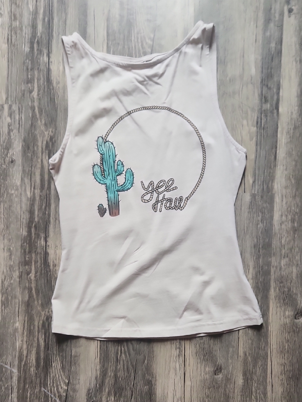 White Sleeveless Tank Top with Teal Cactus Graphic